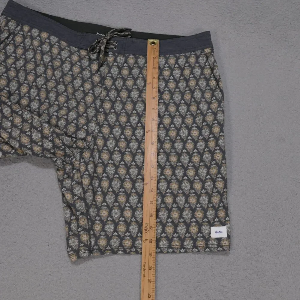 Katin Mens Board Shorts 38 Gray Floral Swim Trunks Drawstring